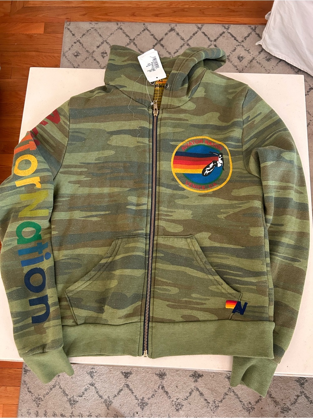 Aviator Nation Green Camo Zip Hoodie with Rainbow Sleeve Logo